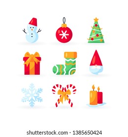 Set of Christmas icons in flat style. Vector xmas ornaments.