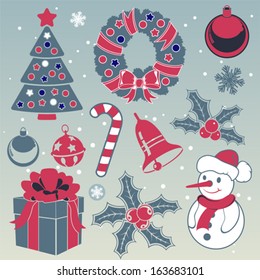 Set Christmas Icons in flat style and vintage colors with Tree, Snowman, Candy, Snowflake, vector