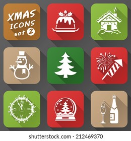 Set of christmas icons in flat style. Simple new year icons with long shadow effect. Qualitative vector (EPS-10) graphics for christmas, new year's day, winter holiday, design, silvester, etc