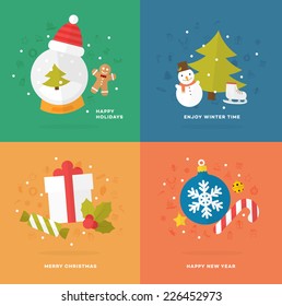 Set of Christmas Icons. Flat Style. Xmas Tree, Snow Globe and Snowman, Gift Box and Candy Cane, Gingerbread Man and other Winter Holidays Vector Elements.