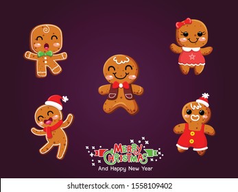 Set Of Christmas Icons Gingerbread Man Cookie. Celebration Event For Merry Christmas And New Year. Vector Clipart Illustration On Color Background