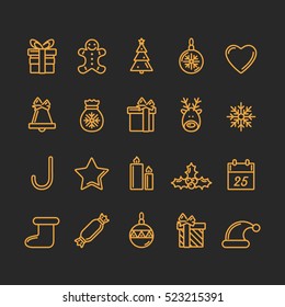 Set of Christmas Icons. Golden and Black Colours. Luxury Trendy Thin Line Design. Vector Illustration.