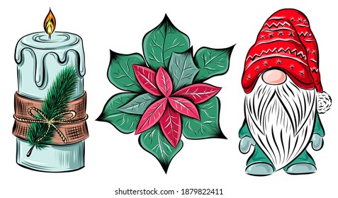 Set of Christmas icons hand drawn isolated on white background vector illustration. Gnome, candle and poinsettia leaves collection of hand drawn illustrations.