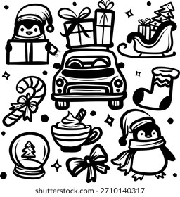 conjunto de iconos de Navidad, Ilustración vectorial dibujada a mano de un conjunto de iconos, Doodle Merry Navidades Iconos, dibujado a mano conjunto de garabatos de Navidades, patrón y Navidades sin fisuras 