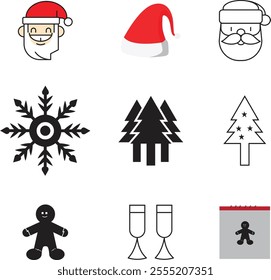 Set of Christmas icons happy Christmas day head, hut, calendar, glass, Christmas tree vector icons