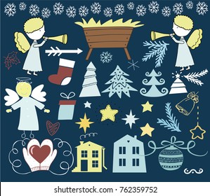 Set of Christmas icons .Happy New Year. Card. Winter. Scrap booking Greeting