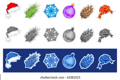 Set  of christmas icons: hat, ball, snowflake bow, cone, hat, pine, vector illustration
