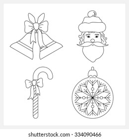 Set of Christmas Icons, Holiday Jingle Bells, Santa Claus Face, Candy Cane  with  Bow, Ball with Snowflake , Christmas Decoration, Black and White  Vector Illustration
