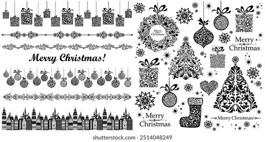 Set of christmas icons. Holiday symbol. Xmas icons collection. Christmas decoration set - lots of calligraphic elements, bits and pieces to embellish your holiday layouts.  Happy New Year. vector