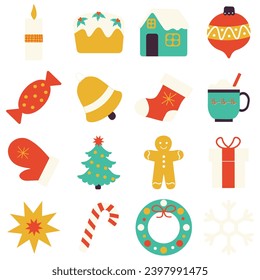 Set of Christmas icons. Holiday winter elements for pattern, greeting card, banner, cover. Trendy modern  Xmas design for wrapping paper, background, wallpaper. Vector illustration