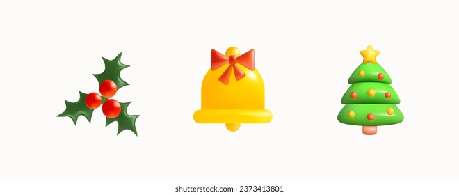 Set of Christmas Icons. Holly, Christmas Bell, decorated Christmas Tree isolated on white background. Xmas symbols. Cartoon Design Element for Christmas and New Year Holidays. Stock 3D Vector Icons