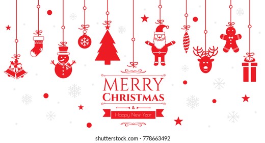Set of christmas icons in internet banner in vector illustration. Icon of bell, stocking, christmas tree, reindeer, present, Santa Claus, snowman. Template for internet and business.