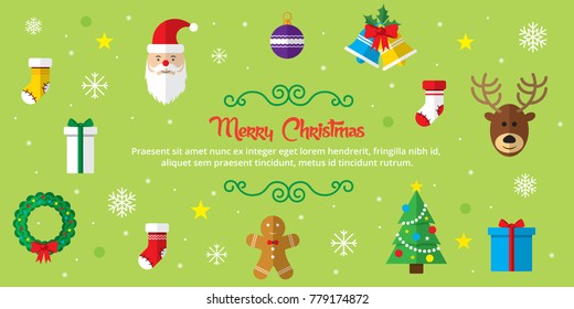 Set of christmas icons in internet banner in vector illustration. Icon of bell, stocking, christmas tree, reindeer, present, Santa Claus, snowman. Template for internet and business.