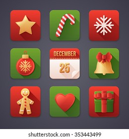Set of Christmas Icons Isolated. Detailed Material Design with Flat Elements and Long Shadows. Vector Illustration.