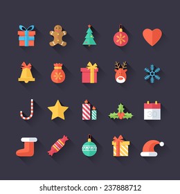 Set Of Christmas Icons Isolated. Flat Style With Long Shadows. Modern Trendy Design. Vector Illustration.