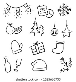 set of Christmas icons. new year hand drawn line icon of garland, calendar, snowflake, tangerine, fir-tree, Christmas decorations, Santa glove, present, alcohol, socks, Santa hat.