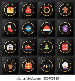 Set of Christmas icons on black and golden background