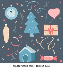 set of Christmas icons on a dark background. vector illustration. new year decoration.
