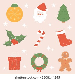 Set of Christmas icons on isolated background. Christmas tree toy, Santa's head, fir tree, holly, candy, sock, gift, wreath, gingerbread cookie. Vector.