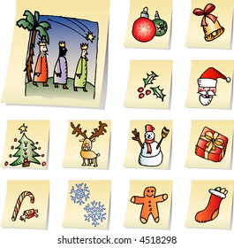 set of christmas icons on the memo papers