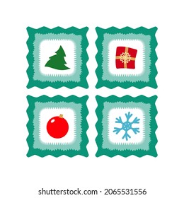 set of christmas icons in original wavy frame, christmas tree, gift, christmas ball, snowflake, simple flat vector isolated on white background
