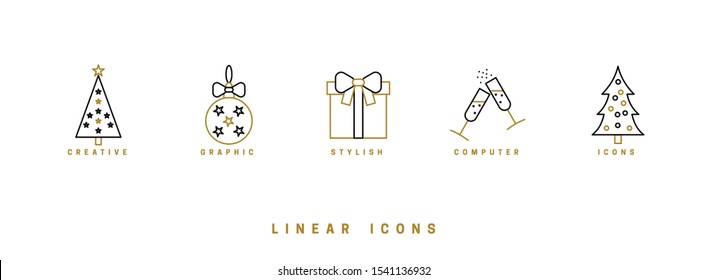 Set of Christmas icons. Pine and Christmas Tree, Xmas bauble ball, gift box, two glasses with champagne and wine. Stylish logos in linear style. Festive New Year outline icon. Vector illustration