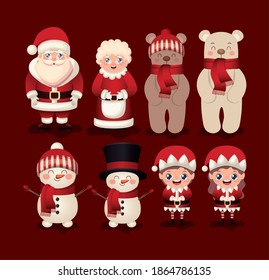 set of christmas icons in red background vector illustration design