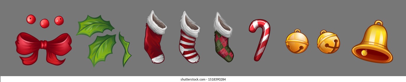 Set of christmas icons. Red bow. Leaf and berries of mistletoe. Christmas socks. Lollipop. Golden bells. Vector illustration