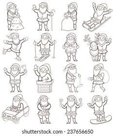Set of christmas icons with Santa Claus (coloring book)