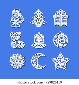 Set of Christmas Icons. Santa Claus, xmas tree, gift box, sock, bell, ball, snowflake, crescent, star.