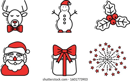 set with christmas icons santa fireworks deer gift snowman