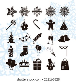 Set of Christmas icons and simple five different snowflakes.