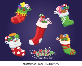 Set of Christmas icons Socks. Celebration event for Merry Christmas and New Year. Vector clipart illustration on color background