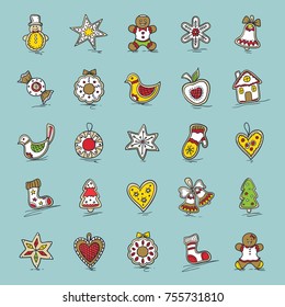 Set of Christmas icons. Star, bell, wreath, apple,bow,sock, Christmas tree, candy. Icons in form of gingerbread on transparent background