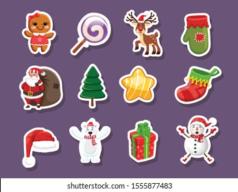 Set of Christmas icons stickers. Celebration event for Merry Christmas and New Year. Vector clipart illustration on color background