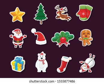 Set of Christmas icons stickers. Celebration event for Merry Christmas and New Year. Vector clipart illustration on color background