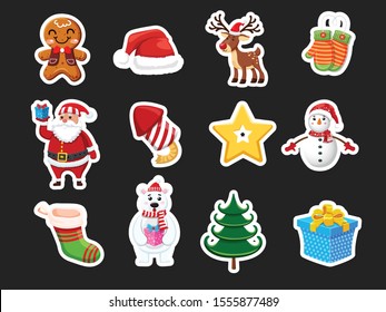 Set of Christmas icons stickers. Celebration event for Merry Christmas and New Year. Vector clipart illustration on color background