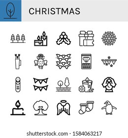 Set of christmas icons. Such as Tree, Forest, Candles, Mistletoe, Gift, Snowflake, Bow, Angel, Garlands, Cracker, Candle, Crystal ball, Socks, Penguin , christmas icons