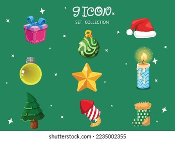 Set of Christmas icons. Symbol of happy new year. Can be used for printed materials - leaflets, posters, business cards or for web. Vector illustration. Vector card flat design