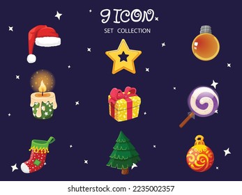 Set of Christmas icons. Symbol of happy new year. Can be used for printed materials - leaflets, posters, business cards or for web. Vector illustration. Vector card flat design