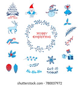 Set of Christmas Icons and Symbols. New Year Templates on White Background. Set of Christmas Vector Hand Drawn Icons for Greeting Cards and New Year Decoration.