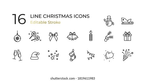 Set of Christmas icons of thin line on red background. Vector illustration. EPS10