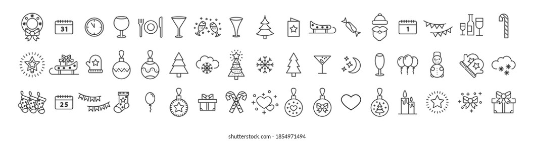 Set of Christmas icons. Thin line. Collection of winter icons. Happy New Year.