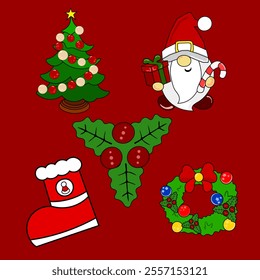 Set of Christmas icons “Christmas tree, mistletoe berries, sock wreath, Santa Claus Gnome” - flat icons. Vector illustrations isolated on red background.