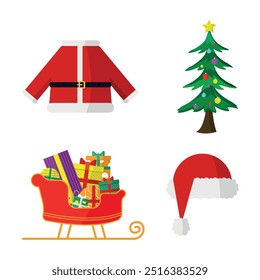 Set of Christmas icons. Christmas tree, Santa's sleigh with gifts and more. Vector illustration.