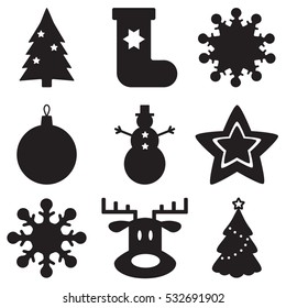 Set of Christmas icons: tree, star, snowman, deer, snowflake