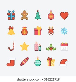 Set of Christmas Icons. Trendy Thin Line Design with Flat Elements. Vector Illustration.