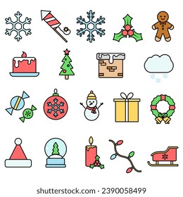 Set of Christmas icons. Vector cartoon illustrations. Isolated objects on a white background.