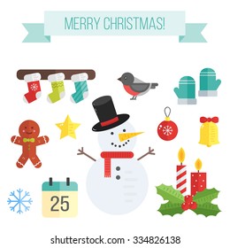 Set of christmas icons.  Vector flat elements: snowman, socks, mittens, mistletoe, candle, candy, calendar, gingerman, ball, bell, bullfinch and star
