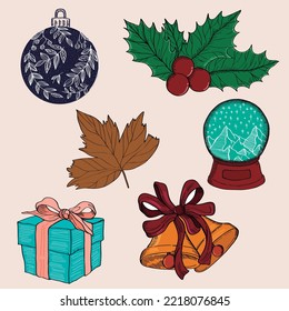 Conjunto de iconos de Navidad. Ilustración vectorial. Pelota, mistletoe, hoja, globo de nieve, caja de regalo y campanas con cinta.